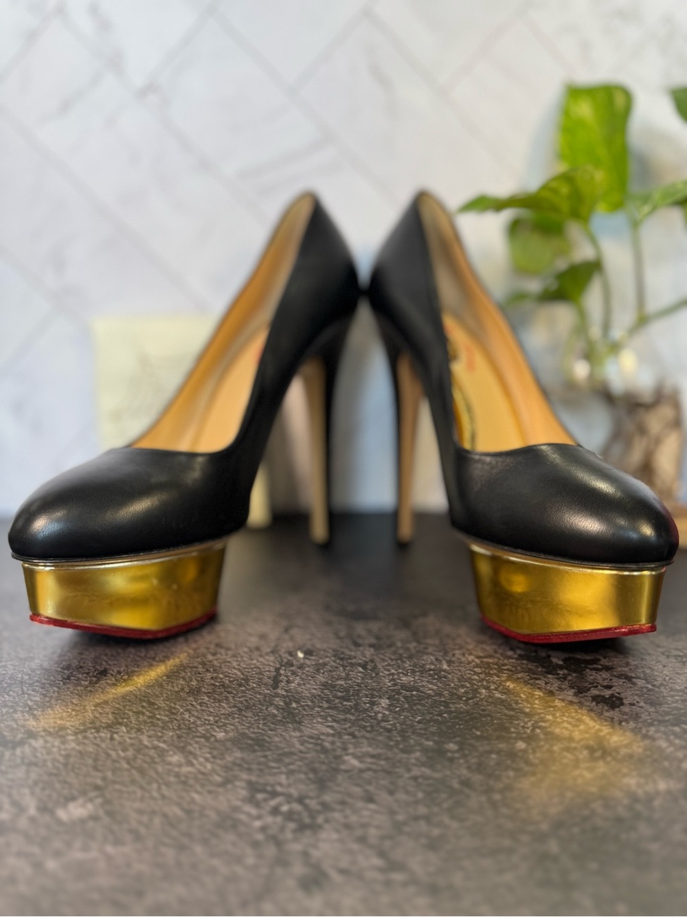 Charlotte Olympia “Dolly” Black Leather Platform Pumps w/Gold Trim, Size 37.5